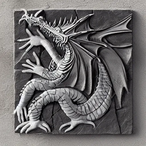 Prompt: “fire breathing dragon, relief sculpture stone”