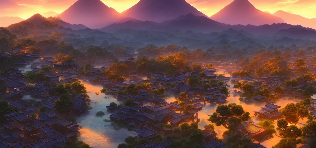 Image similar to epic view of beautiful ancient japanese city at sunset, clear skies, winding rivers, there are hills in the far background distance, unreal engine, dramatic lighting, detailed, ambient occlusion, global illumination, god rays, 3 d artstation render by greg rutowski and jessica rossier