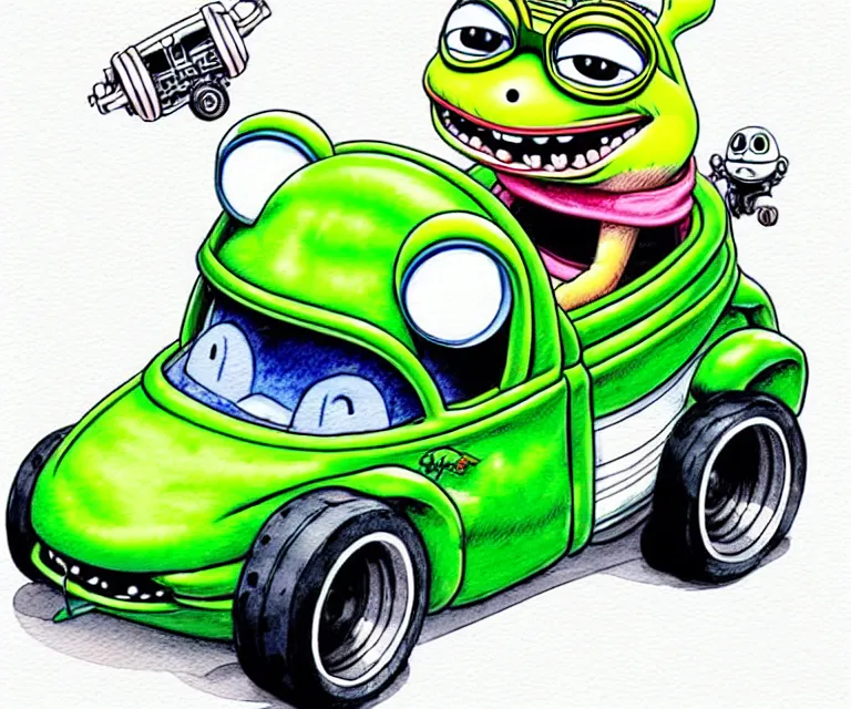 Prompt: cute and funny, cute pepe wearing a helmet riding in a tiny hot rod with oversized engine, ratfink style by ed roth, centered award winning watercolor pen illustration, isometric illustration by chihiro iwasaki, edited by range murata