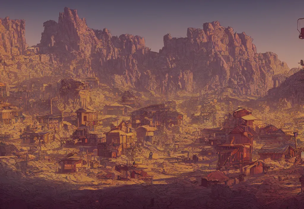 Image similar to handmade illustration of an old west city landscape, far west, line art, ink, watercolor by Kilian Eng and by Jake Parker, winning-award masterpiece, fantastic, octane render, 8K HD Resolution, High quality image