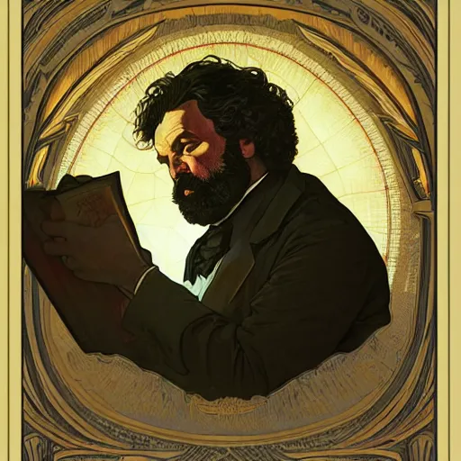 Image similar to Karl Marx pondering his orb, highly detailed, digital painting, artstation, concept art, smooth, sharp focus, illustration, art by todd lockwood and magalie villeneuve and alan lee and artgerm and greg rutkowski and alphonse mucha