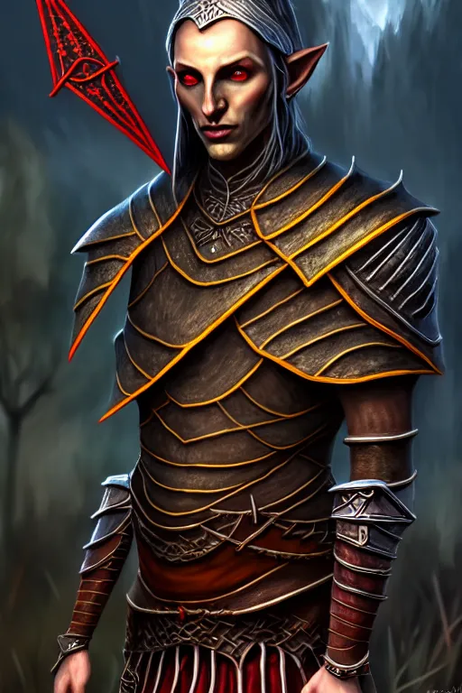 Image similar to hyperrealistic morrowind dunmer male nerevarine in front of balmora, red eyes, 3 / 4 portrait, symmetrical face, handsome face, full body dnd character portrait, medieval armor, morrowind armor, oblivion armor, skyrim armor, eso armor, intricate, highly detailed, elegant, 4 k, artstation, deviantart