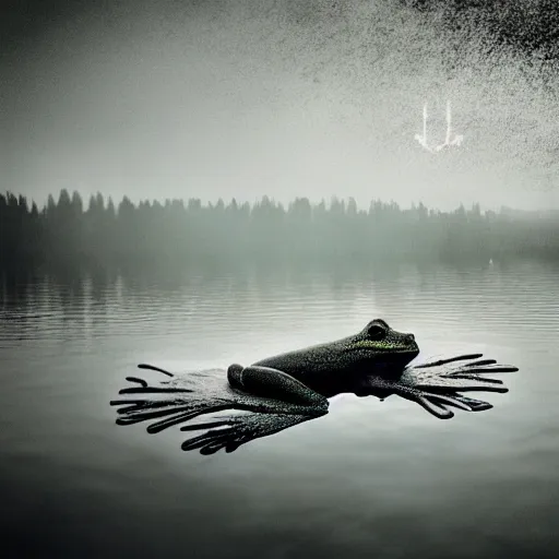 Image similar to semitranslucent smiling frog amphibian floating upside down over misty lake in Jesus Christ pose, cinematic shot by Andrei Tarkovsky, paranormal, spiritual, mystical