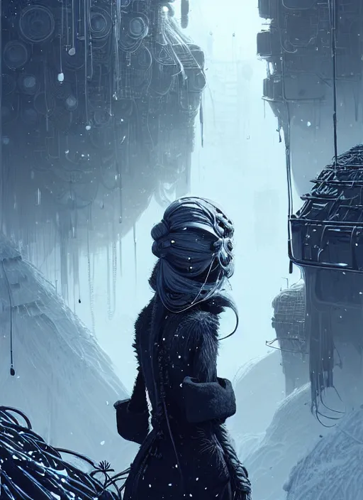 Prompt: highly detailed portrait of a frostpunk long blonde hair lady tribal lady, stray wiring by atey ghailan, james gilleard, by joe fenton, by greg rutkowski, by greg tocchini, by kaethe butcher, 4 k resolution, gradient blue, black and white color scheme!!! ( ( glaciated robotic dystopian city background ) )