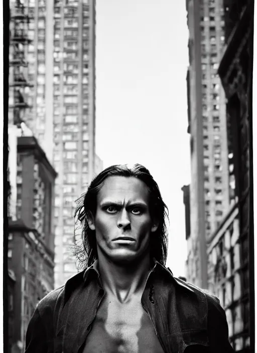 Prompt: portrait of tarzan walk on the street of new york, by charlotte grimm, natural light, detailed face, beautiful features, symmetrical, canon eos c 3 0 0, ƒ 1. 8, 3 5 mm, 8 k, medium - format print, half body shot