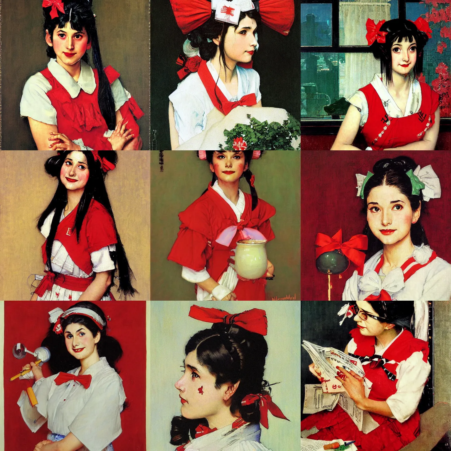 Prompt: a masterpiece portrait painting of reimu hakurei, by norman rockwell