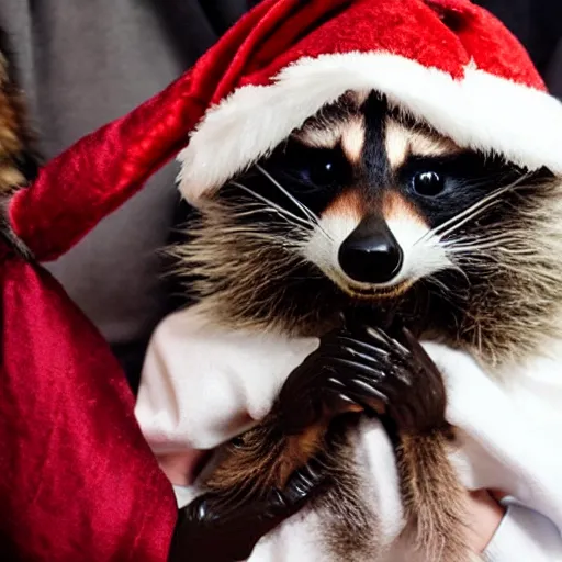 Prompt: raccoon santa vastly underestimated how difficult it would be to give a present to everyone in the world.