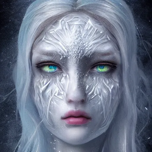 Prompt: a portrait photo of an ice elemental, human features, extremely detailed, beautiful portrait, fantasy art, face mad out of ice, ice person