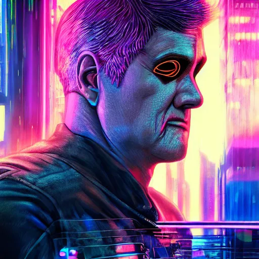 Prompt: cyberpunk Jay Leno, realistic, high definition, HDR, 4K, neon lights, vivid colors, hyper detailed, style of Blade Runner 2049, masterpiece, trending on artstation