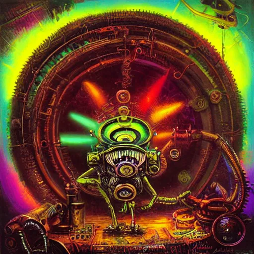 Image similar to steampunk rat, acid, 303, psychedelic, by paul lehr, cd cover for psytrance artist