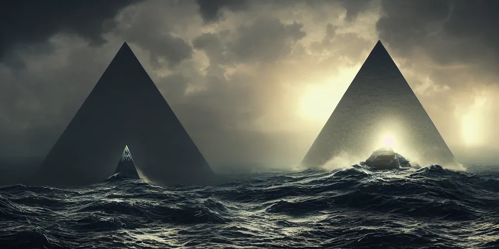 Prompt: titanium white pyramid in the middle of a stormy ocean, crashing waves, alien creatures scattered around, art direction by beeple, enigmatic scene, rembrandt lighting, unreal engine, ray - tracing, 4 k, high detail