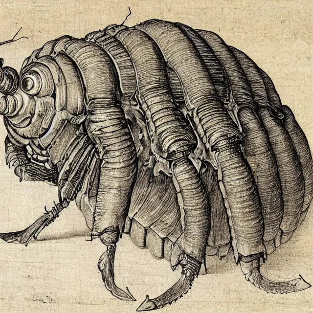 Image similar to a detailed, intricate drawing of a giant isopod on a beach, by albrecht durer