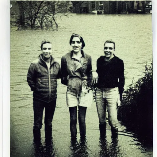 Image similar to an old polaroid of three friends standing in front of a flooded german town