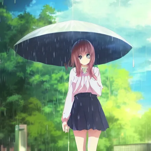 Image similar to a beautiful anime girl standing in the rain by sasucchi95, trending on artstation, instagram, studio ghibli, UHD