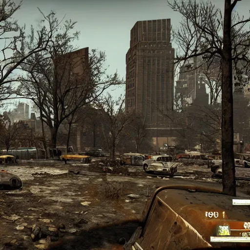 Prompt: central park, new york city in ruins post - nuclear war in fallout 4, in game screenshot