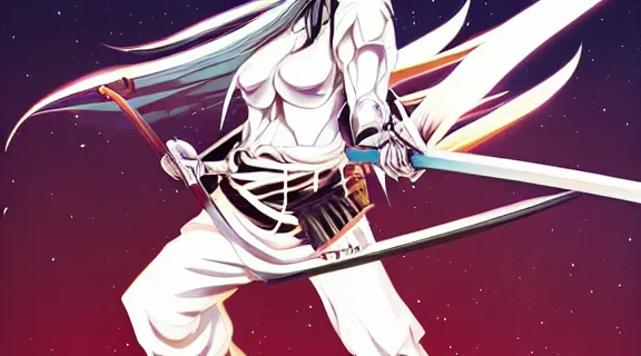 Image similar to Albedo Overlord in samurai pose holding katana | Somber moon | wet Dungeon Chamber | Big Moon at Night | strong blue rimlit | visual-key | anime illustration | highly detailed