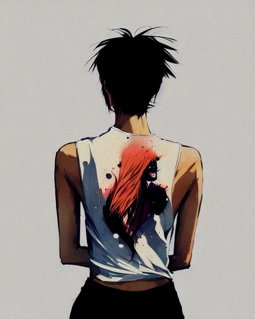 Image similar to a ultradetailed beautiful back painting of a stylish woman, she is wearing a black tank top and jeans, by conrad roset, greg rutkowski and makoto shinkai trending on artstation
