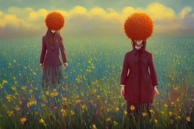 Prompt: big thistle flower under head, a girl in a suit in field of flowers, surreal photography, sunrise, blue sky, dramatic light, impressionist painting, digital painting, artstation, simon stalenhag