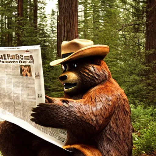 Image similar to UHD candid photo of Smokey The Bear in the woods, sitting over a well reading newspaper, by Annie leibowitz, photorealisitc, extremely detailed