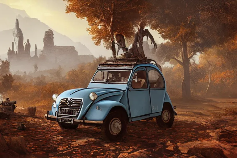 Image similar to offroad citroen 2 cv ( 1 9 6 5 ) of daedric design driving across the rift, daedric axe stored on the side of the car, leather and cloth traveller backpacks on roof, riften city in the background, epic fantasy, autumn, the elder scrolls v : skyrim, dramatic lighting, establishing shot, by simon stalenhag