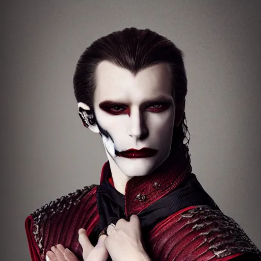 Prompt: head and shoulders vogue fashion photo portrait of a male vampire, d & d, fantasy, medieval castle, year 1 3 3 0