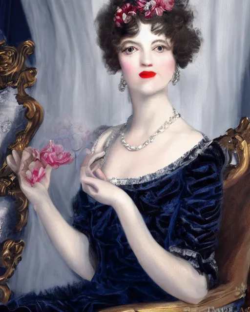 Prompt: close portrait rococo painting of a 1 9 2 0 s beautiful woman at a party in a mansion, strong contrast, unreal engine, hyper realism, realistic shading, cinematic composition, realistic render, octane render, detailed textures, photorealistic, ultrawide shot, 3 5 mm film