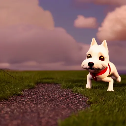 Image similar to tintin and his tiny white fox terrier, depicted as a pixar character, high quality cg render, 8 k