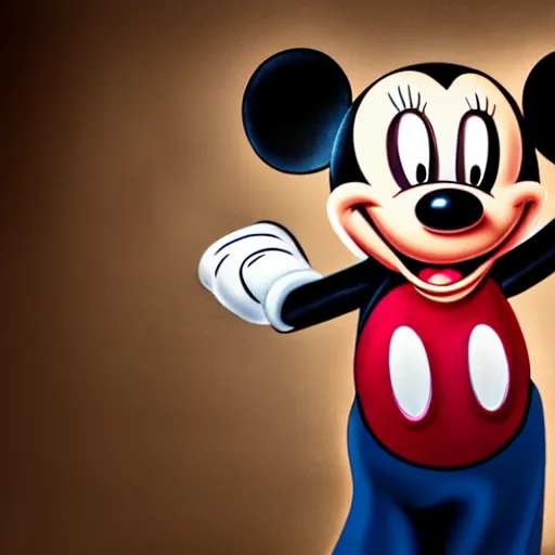 Image similar to studio photography of a psychologically scary Mickey Mouse grinning, backlighting, dark ambient