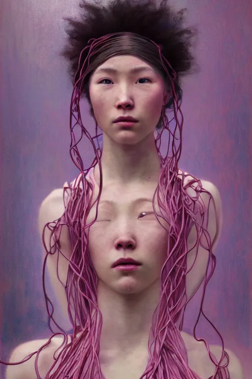 Prompt: hyperrealist portrait of elijah zu bailey, pink, it is decorated with long wires that fall like vines and wears small computers over their body. by jeremy mann and alphonse mucha, fantasy art, photo realistic, dynamic lighting, artstation, poster, volumetric lighting, very detailed faces, 4 k, award winning