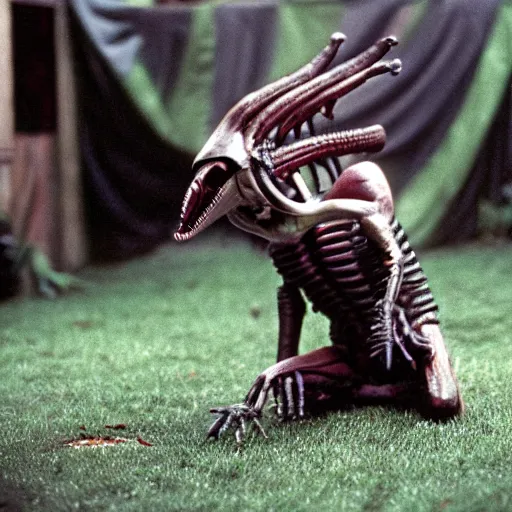 Prompt: a xenomorph from the movie alien eating a small dog in a suburban backyard. Production photograph from 90s film.