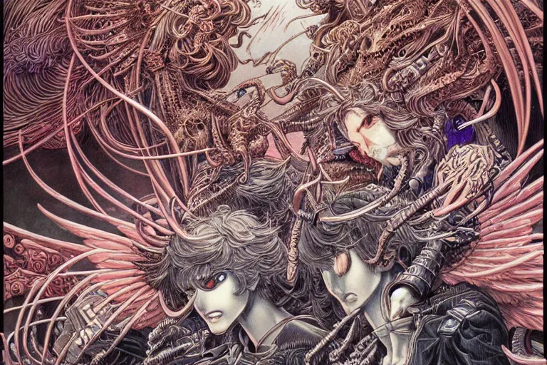 Prompt: hyper detailed illustration of angels battling demons, intricate linework, in the stlye of moebius, ayami kojima, 90's anime, retro fantasy