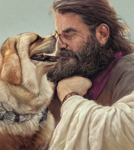 Image similar to full portrait of a old, ruggedly handsome bearded man petting a corgi dog, soft hair, muscular, half body, cloth, d & d, fantasy, intricate, elegant, highly detailed, digital painting, artstation, concept art, smooth, sharp focus, illustration, art by artgerm and greg rutkowski and alphonse mucha