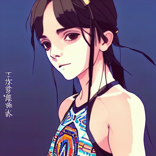 Image similar to a beautiful boyish emma watson alluring instagram model, wearing japanese hiphop aztec leotard outfit with mayan pattern and native style, aztec street fashion bathing suit, botw style, gapmoe yandere grimdark, trending on pixiv fanbox, painted by greg rutkowski makoto shinkai takashi takeuchi studio ghibli, akihiko yoshida