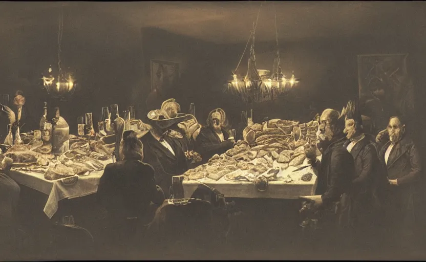 Prompt: daguerreotype of a formal dinner party involving a great deal of meat on a table in a dark kitchen watched by a fat monster in one corner, painted by rick berry and norman rockwell and zdzislaw beksinski, highly detailed