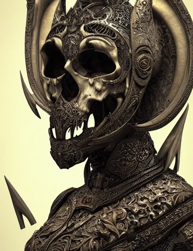 Image similar to 3 d goddess close - up profile portrait russian batman with ram skull. beautiful intricately detailed mask and weapon. artwork by giger and dali and beeple and greg rutkowski