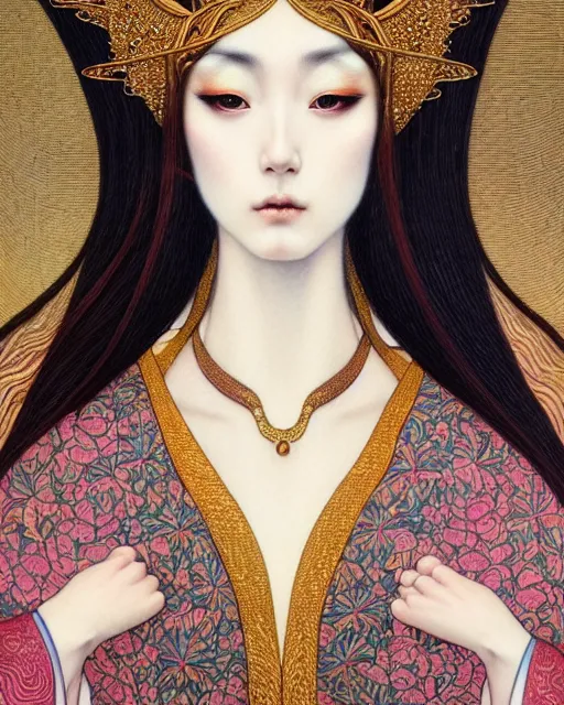 Image similar to portrait of a beautiful goddess of mercy, unusual beauty, esoteric, muted colors, head in focus, fantasy art, ornamental aesthetics intricate, elegant, highly detailed, hyperrealistic painting, artstation, concept art, painterly, sharp focus, illustration, art by chie yoshii