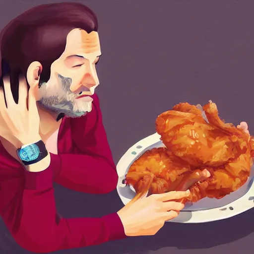 Prompt: sad man with crying eyes eating fried chicken, digital painting, artstation, rule of thirds