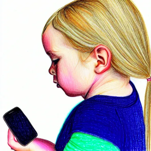 Image similar to profile of 3 year old blonde girl with iphone, colored pencil on white background by eloise wilkin