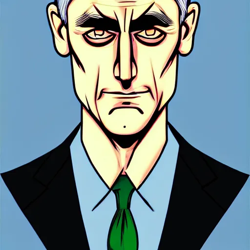 Image similar to solid glowing eyes, digital portrait of secretary of denis mcdonough face with solid glowing eyes, cover art of graphic novel, evil laugh, menacing, Machiavellian puppetmaster, villain, simple style, solid colors, clean lines, clean ink, trending on artstation