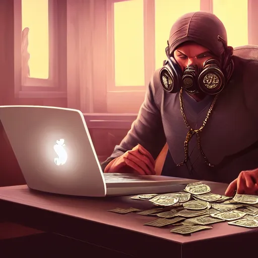 Image similar to realistic rich man using laptop in gaming room, money floating in air, artstation trends, sci fi concept art, highly detailed, intricate, sharp focus, digital art, 8 k