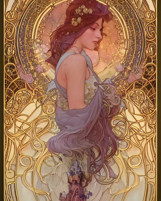 Prompt: a angle, highly detailed, very intricate, art nouveau, gold filigree, romantic storybook fantasy, soft cinematic lighting, award - winning, disney concept art watercolor illustration by mandy jurgens and alphonse mucha and alena aenami, pastel color palette, featured on artstation