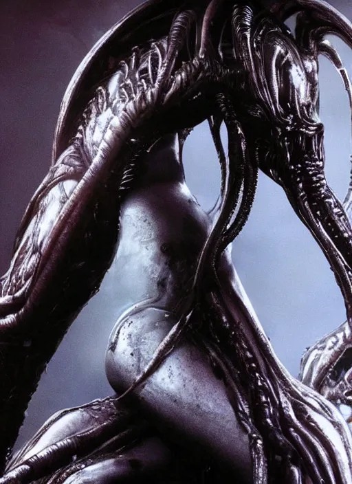 Image similar to film still of kim kardashian being licked by an xenomorph slathered in a transparent alien liquid, wet flowing hair, gooey skin, illustration, unreal engine 5, 8 k, directed by h. r. giger.