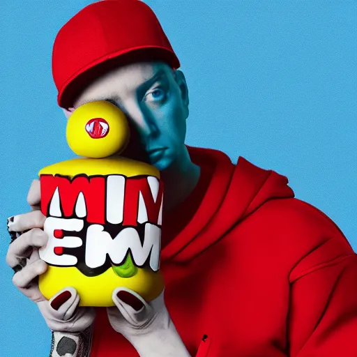 Image similar to eminem as the red m character standing on a floor coverd with m & m candies, m & m candy dispenser!!!, round red m & m figure, m & m mascot, m & m figure, m & m plush, unreal engine, studio lighting, figurine, unreal engine, volumetric lighting, artstation, cosplay, by hans bellmer