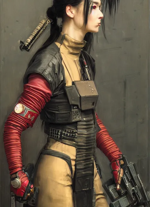 Prompt: Nikki. beautiful cyberpunk Samurai woman wearing a military vest and military jumpsuit (cyberpunk 2077, bladerunner 2049). gorgeous face. Iranian orientalist portrait by john william waterhouse and Edwin Longsden Long and Theodore Ralli and Nasreddine Dinet, oil on canvas. Cinematic, hyper realism, realistic proportions, dramatic lighting, high detail 4k