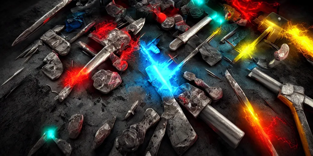 Prompt: hammer and nails and brains with lightning, hyperealistic very colourful hdr cinematic lighting cgi render photorealistic cinematic octane render
