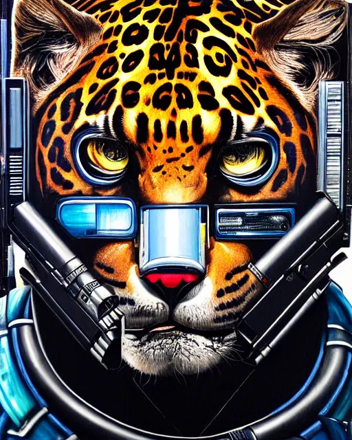 Image similar to a portrait of an anthropomorphic cyberpunk jaguar by sandra chevrier, by jon foster, detailed render, pistol in holster, tape deck, epic composition, cybernetics, 4 k realistic, cryengine, realistic shaded lighting, sharp focus, masterpiece, by enki bilal