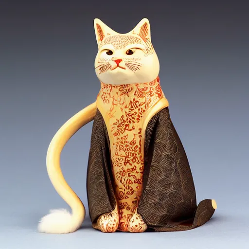 Prompt: demure anthropomorphic cat figurine wearing a kimono, brown resin, highly detailed, intricate, monotone, head tilted down