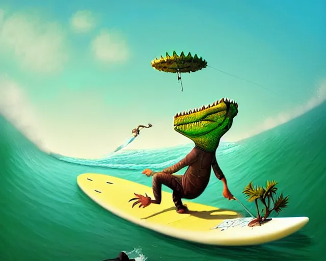 Prompt: a crocodile surfing on a longboard, tube wave, funny cartoonish, by gediminas pranckevicius h 7 0 4 and greg rutkowski, illustration