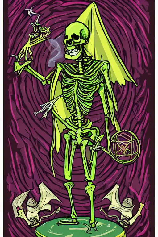 Image similar to Portrait of a evil skeleton that is a wizard casting a spell , wizard, medieval, sticker, colorful, casting epic spell, magic the gathering artwork, D&D, fantasy, artstation, heroic pose, illustration, highly detailed, simple, smooth and clean vector curves, no jagged lines, vector art, smooth