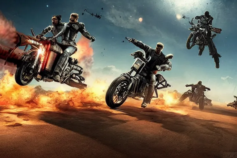 Image similar to mad max riding his interceptor in space, fighting mutants on space bikes, action - scene, very detailed, high octane